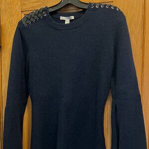 Y2K Cashmere Bell Sleeves Laced Shoulders 100% Cashmere Sweater Navy Blue Medium